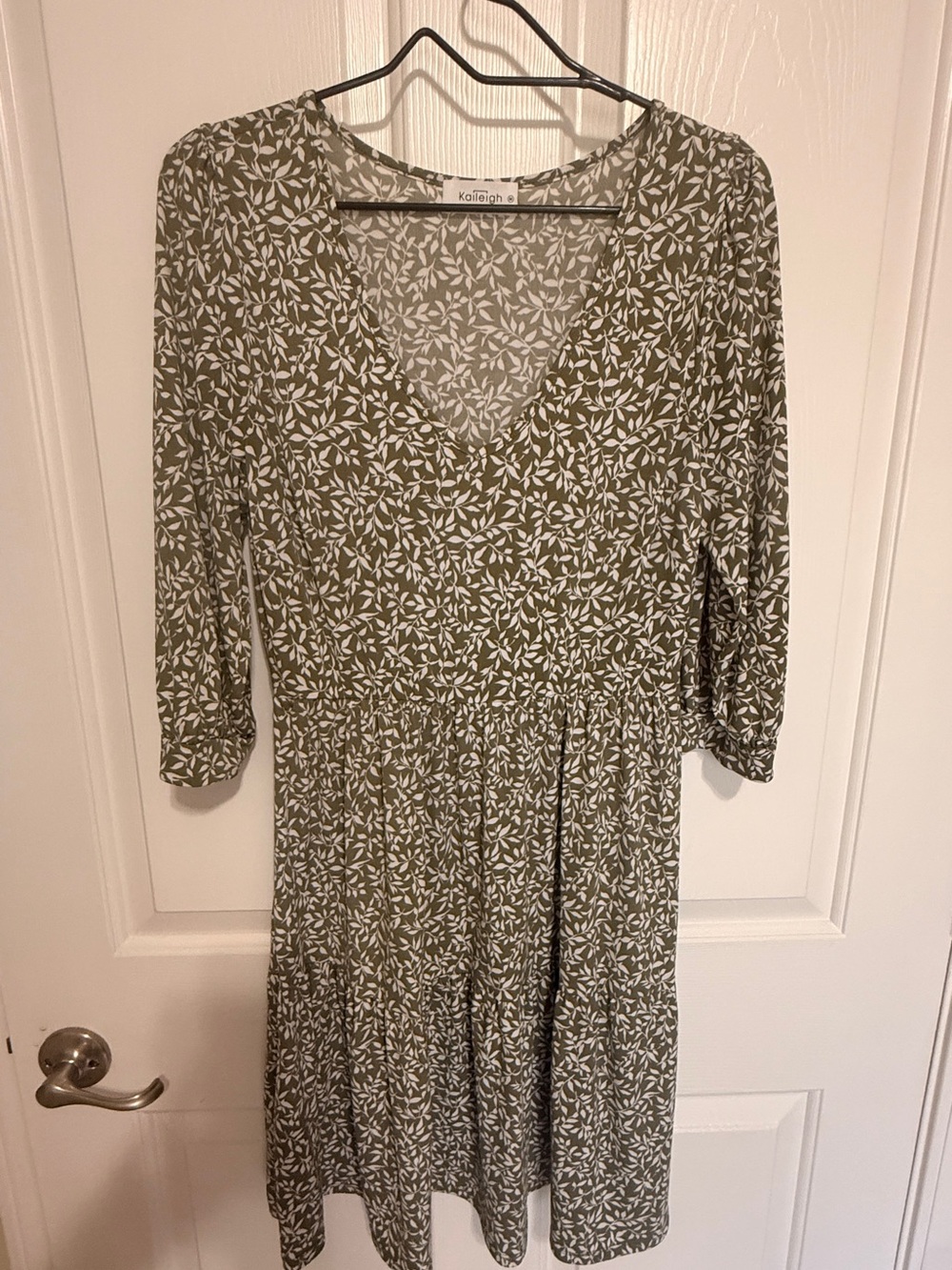 Kaileigh Olive Green and White Floral Tiered V-Neck Dress